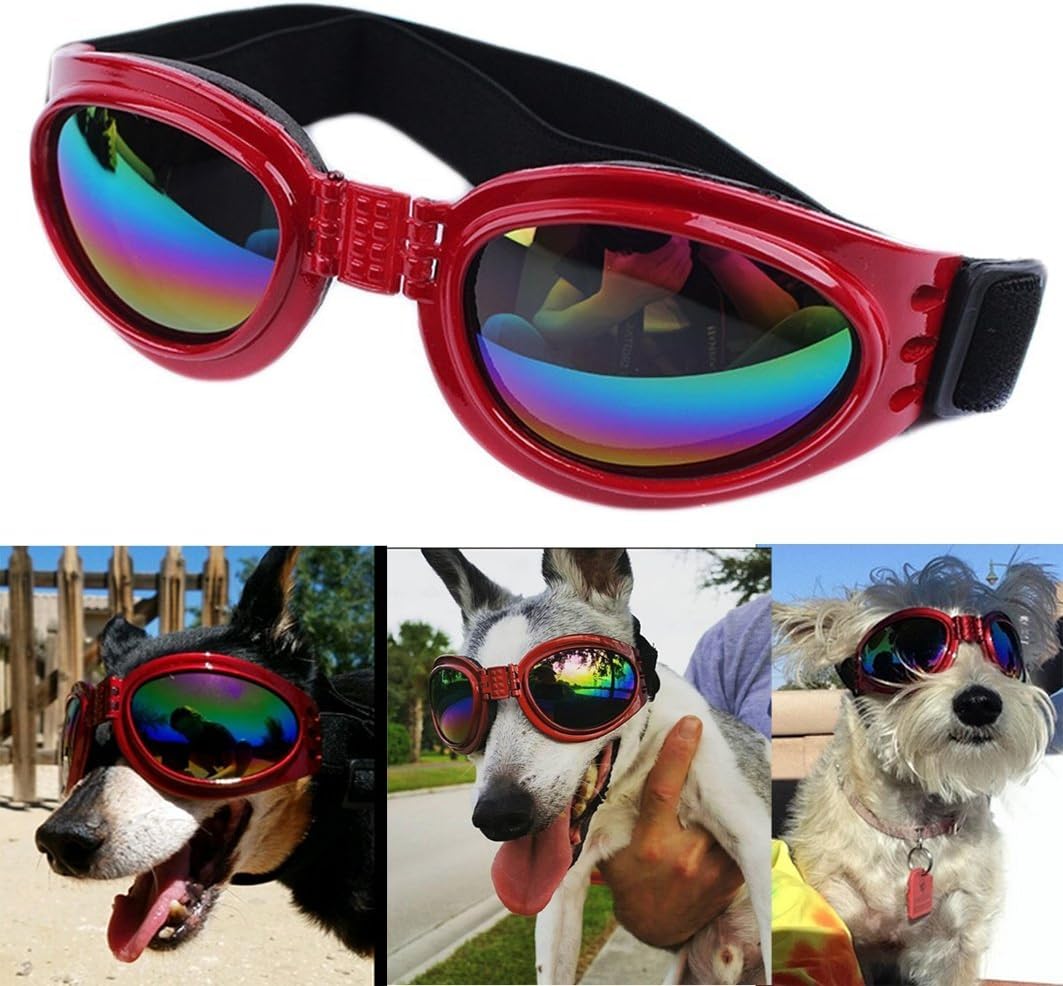 QUMY Dog Sunglasses Dog Goggles for Medium Large Breed Dogs Wind Dust Fog Protection Eye Wear Pet Glasses with Adjustable Strap for Motorcycle Car Driving Bike Riding Hiking Swimming Over 15lbs Red