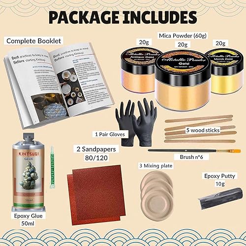 Vista 8 de PLEARTY Kintsugi Repair Kit 50ml Food Safe Linseed Resin Dishwasher Proof 60g Metallic Gold Mica Powder 15-Page Guide - The Most Complete and Modern