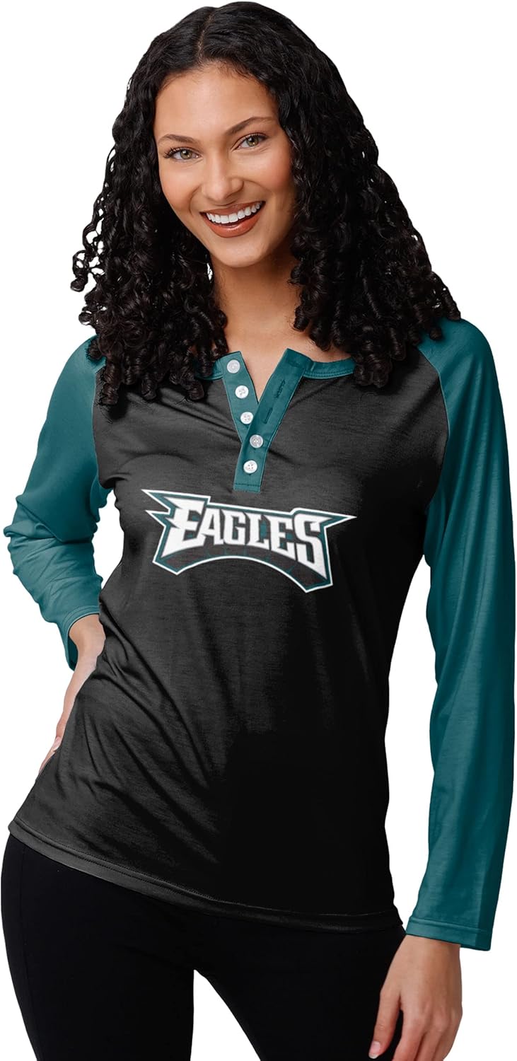 FOCO NFL Womens Long Sleeve Henley Shirt with Team Logo and Contrasting Stripes