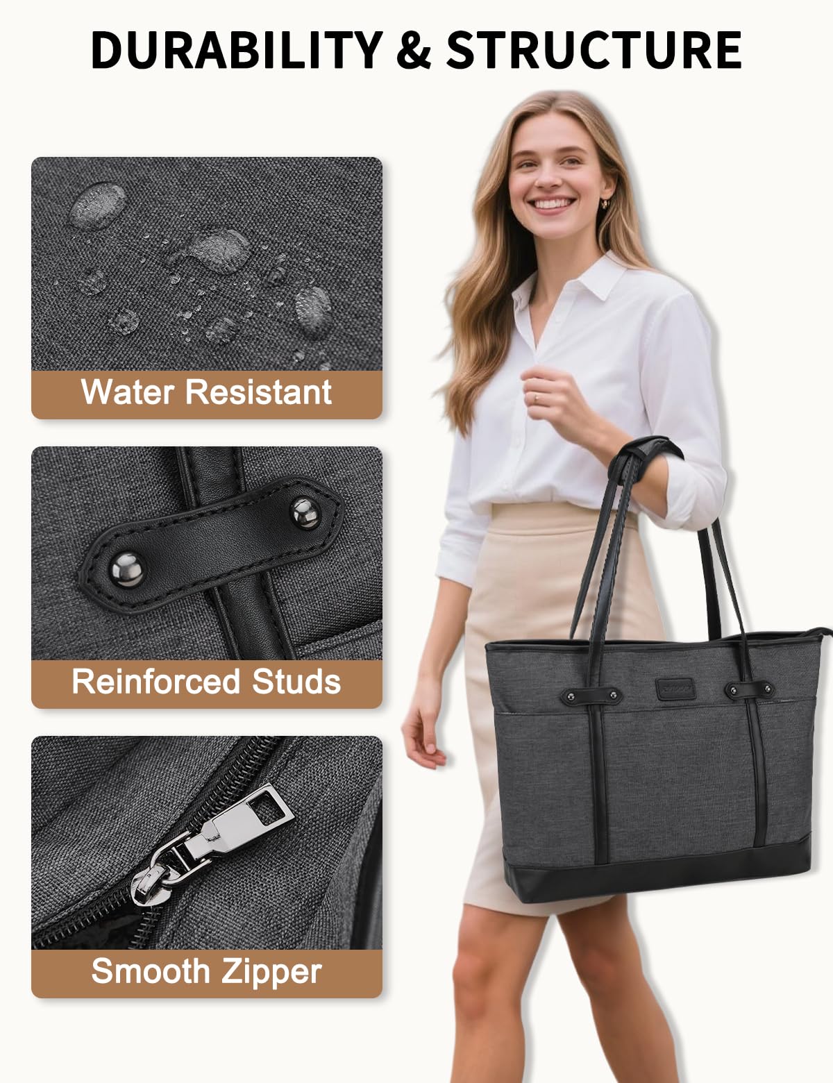 RAVUO Borsa Donna Grande, Elegante Laptop Tote Bag Università Borsa Lavoro Porta PC 15,6 Pollici Borse Tracolla Porta Business Ufficio Nera