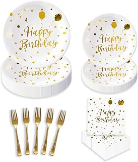 NUMONE 96Pcs Happy Birthday Party Supplies,White and Gold Disposable Dinnerware Set-Black Paper Plates Napkins, Gold Plastic Forks for Graduation, Birthday, Cocktail Party