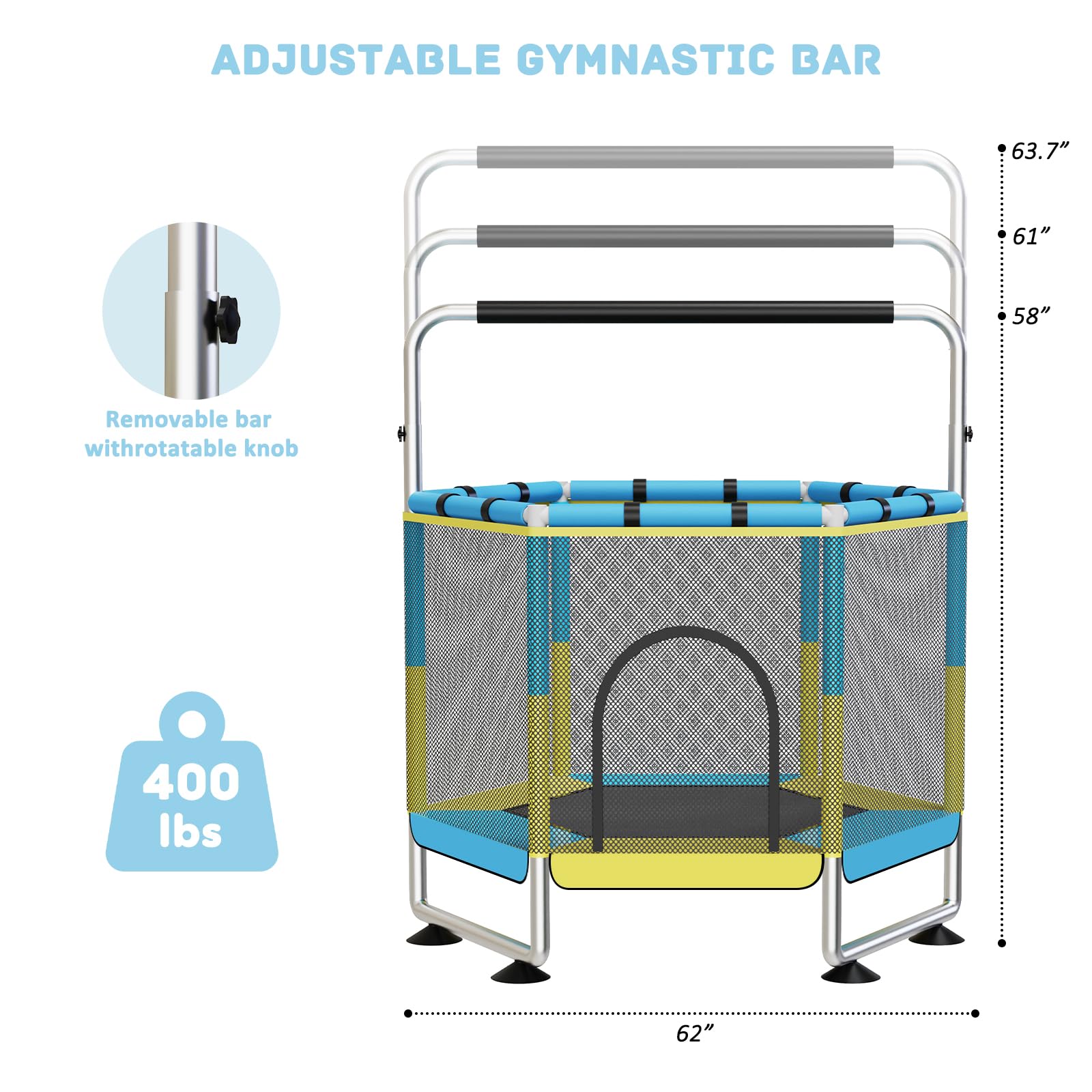 Trampolin Kinder, 150cm Kinder Trampolin Outdoor/Indoor, 200 kg mit Sicherheitsnetz, verbesserte Ringbeine mit Verstellbarer Turnstange, Geschenke für im Alter von 1 bis 8 Jahren