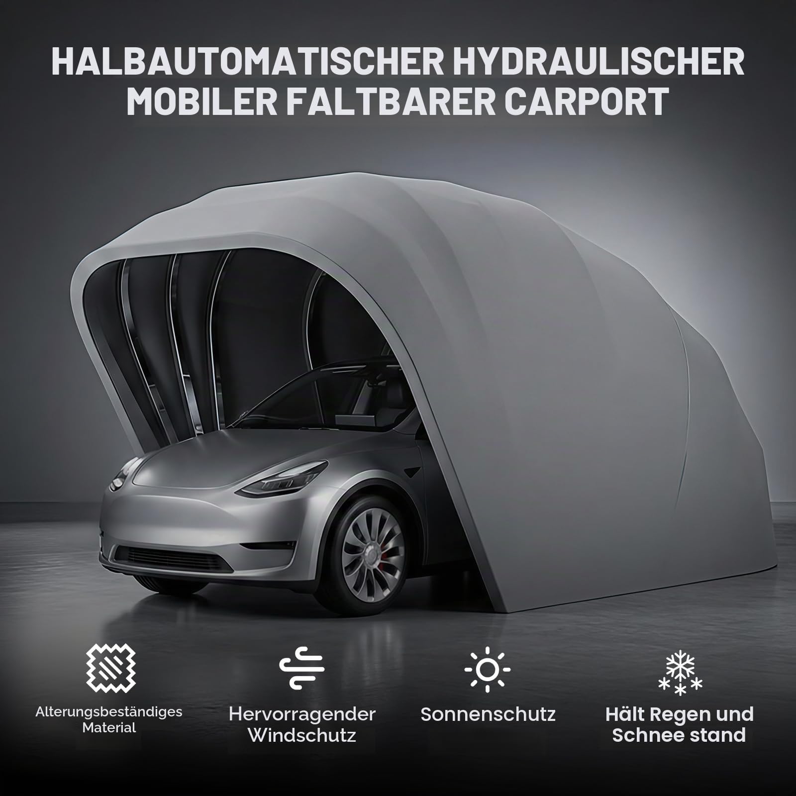 Allwetterfester Carport, Mobile Faltgarage, Auto-Markise, halbautomatischer Anti-Exposition-Carport, abschließbarer, langlebiger Unterstand, 18 Fuß (Silver)