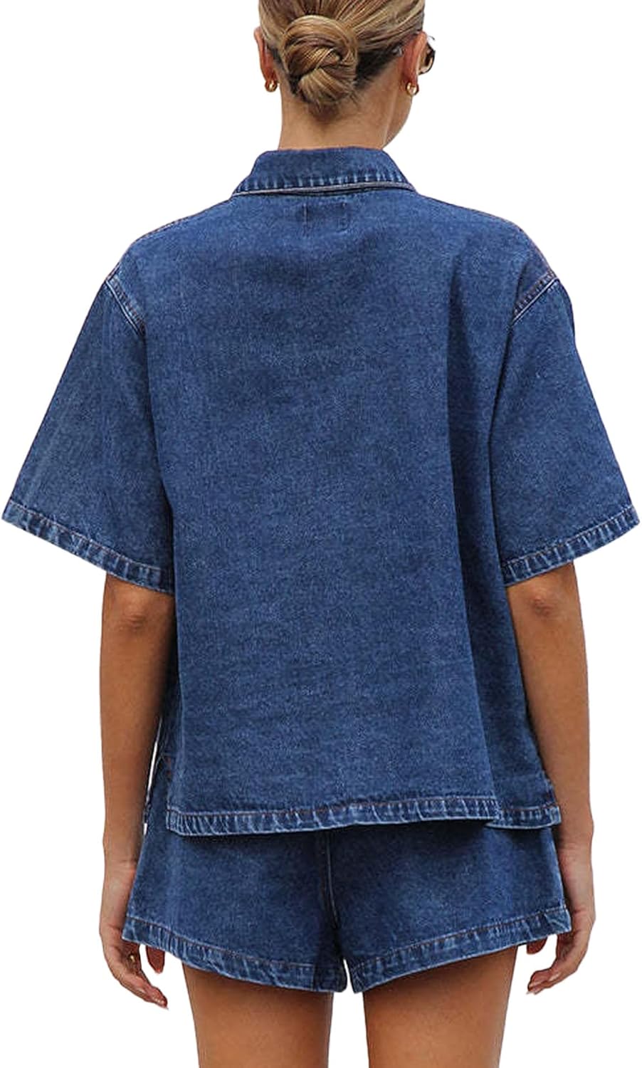 SOMTHRON Women's Summer Denim 2 Piece Outfits Short Sleeve Button Down Shirt Elastic Waist Jean Shorts Lounge Sets - Image 2