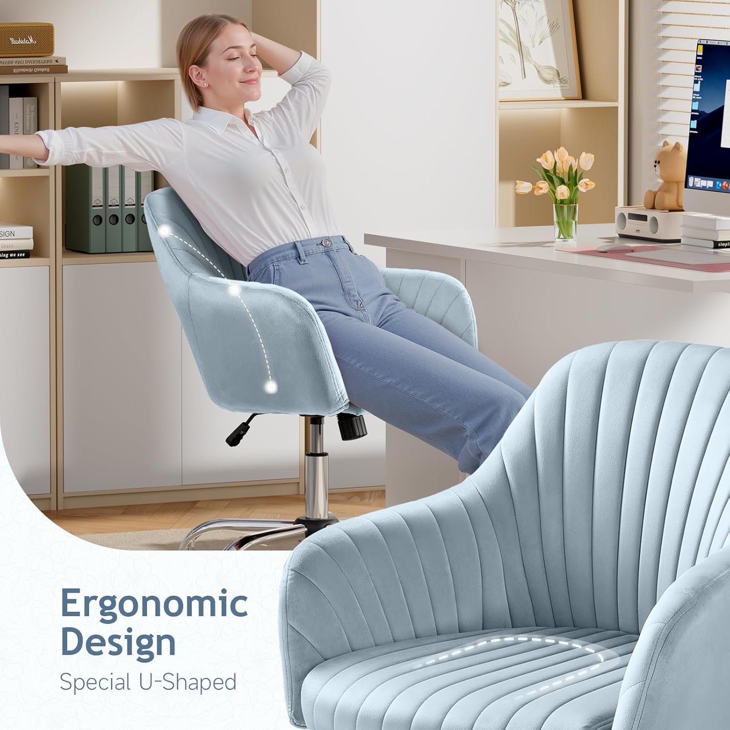 Warmiehomy Velvet Desk Chair for Home Office, Modern Adjustable Swivel Task Chair, Women Vanity Chairs with Arm Rest for Bedroom Dressing Room, Light Blue