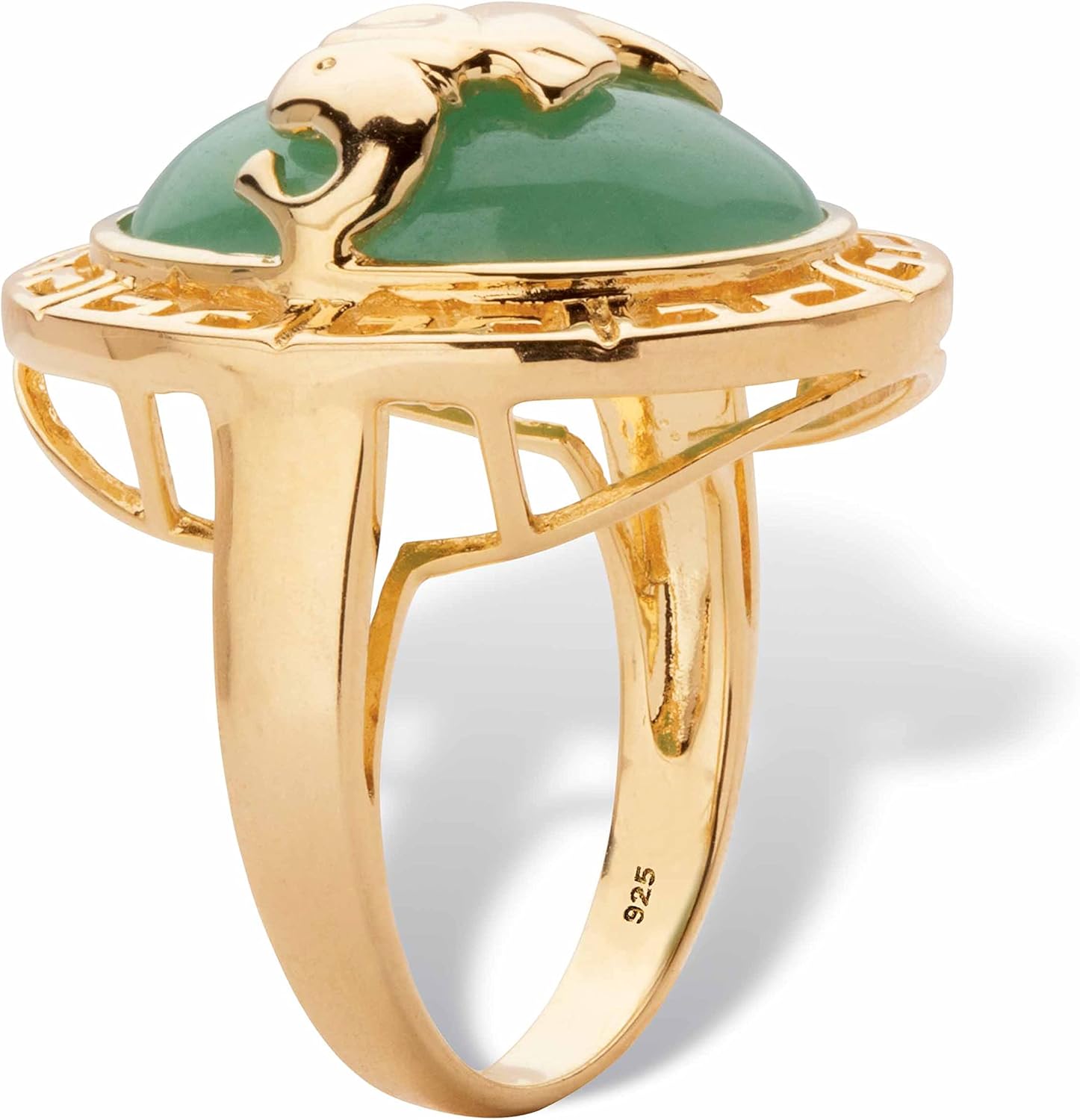 PalmBeach Yellow Gold-plated Sterling Silver Oval Shaped Genuine Green Jade Elephant Ring Sizes 6-10