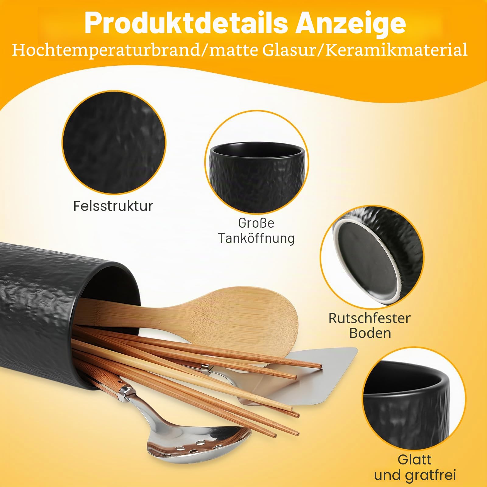 2 Stück Küchenutensilienhalter aus Keramik, Utensilientöpfe Große und Mittlere für Kochutensilien, Löffel, Spatel, Gabeln und Zubehör, Utensilienhalter Küche für Küchentheke (Nero1)