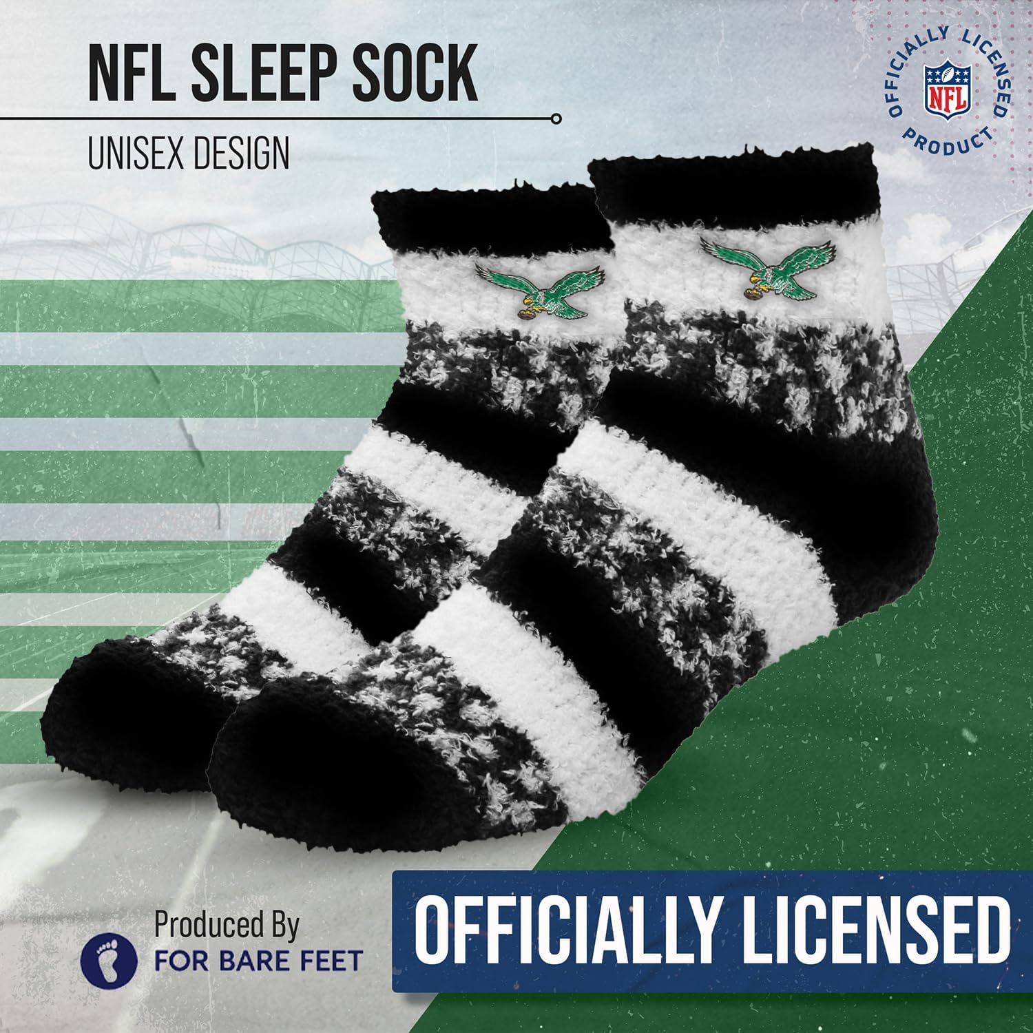 For Bare Feet Women's NFL Football Cozy Soft Sleep Socks (Philadelphia Eagles - Black, One Size)