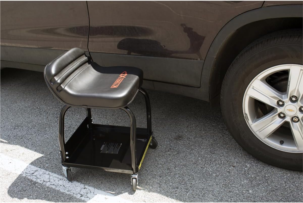 K Tool International XD74987 16" Mechanics Roller Seat with Tool Storage for Garages, Repair Shops and DIY, 300 lbs. Capacity, (4) 2.5" Swivel Casters, Padded Seat, Ergonomic Design. Black/Orange