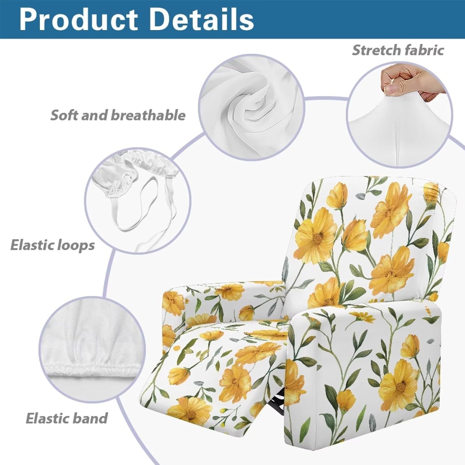 Yellow Flower White Print Recliner Slipcover 4 Pieces Stretch Spandex Soft Fitted Sofa Couch Cover, Washable Recliner Chair Cover Furniture Protector with Elastic for Pet