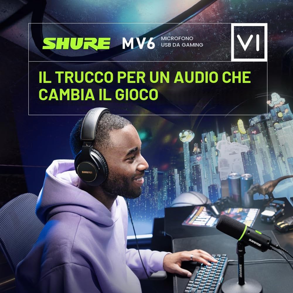 Shure MV6 Microfono da Gioco USB, USB-C, Microfono Dinamico, Auto Level Mode, Popper Stopper Digitale, per Giocatori PC e Streamer