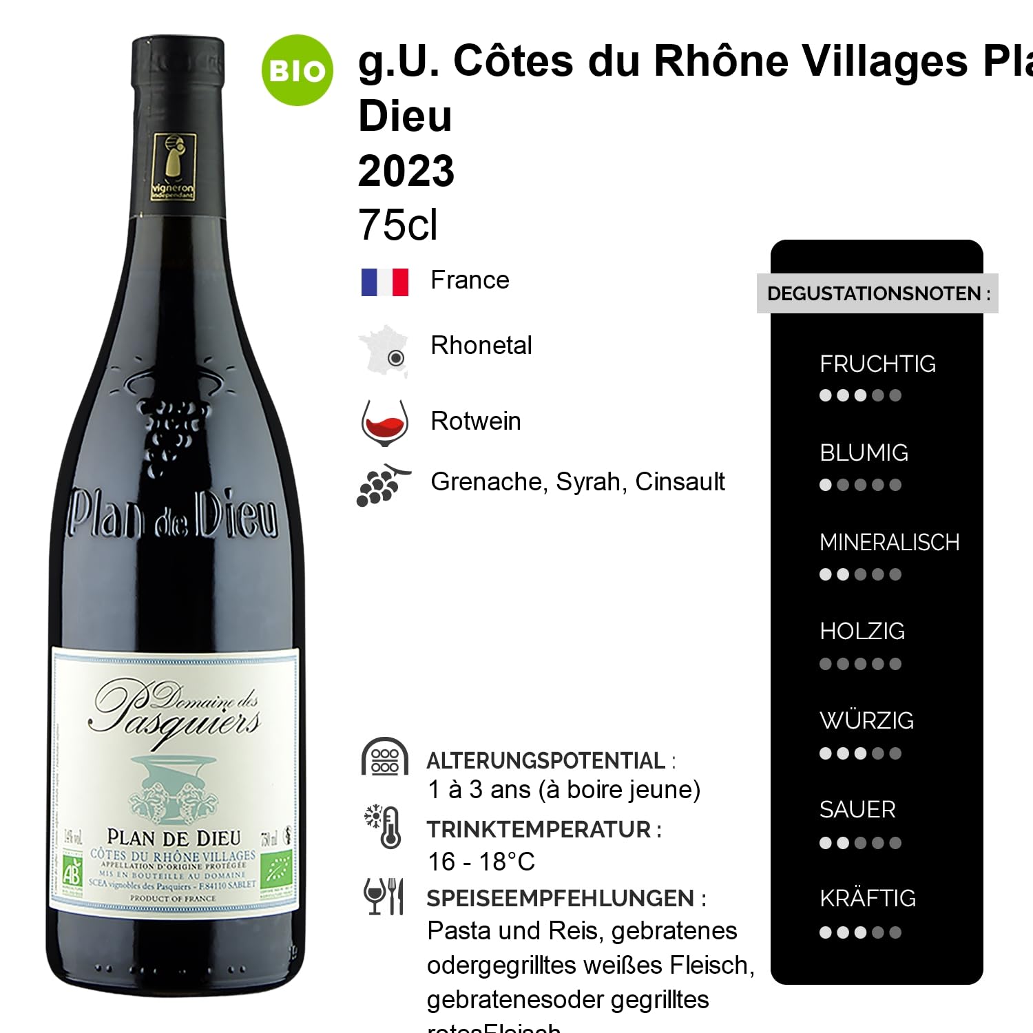 Côtes du Rhône Villages Plan de Dieu Rotwein 2023 - Bio - Domaine des Pasquiers - g.U. - Rhonetal Frankreich - Rebsorte Grenache, Syrah, Cinsault - 6x75cl