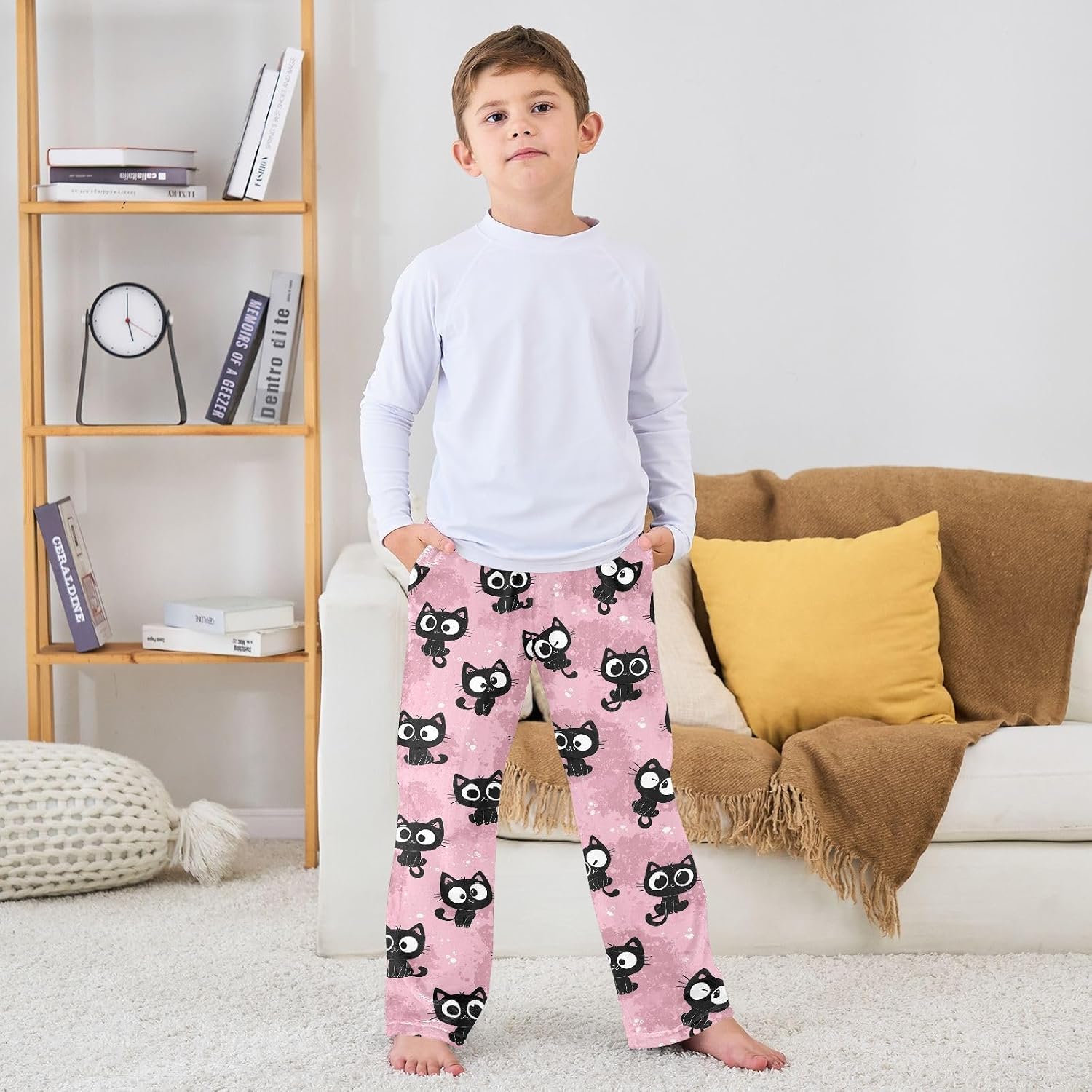 Cute Cats Pink Pattern Boys Pants for Kids Fleece Bottoms Long Jogger Pants Trousers with Pockets Size 6-14Y
