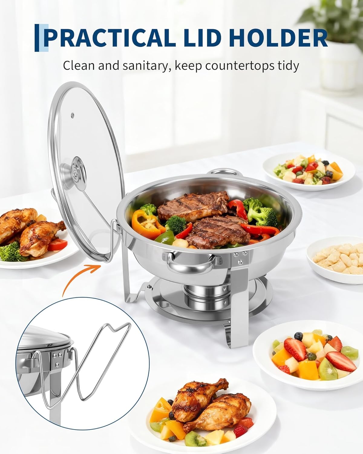 Round Stainless Steel Chafing Dishes for Buffet, Set of 2 Buffet Servers & Warmers, 5QT Food Warmers with Glass Lid, Catering & Party Supplies for Weddings, Banquets, Silver