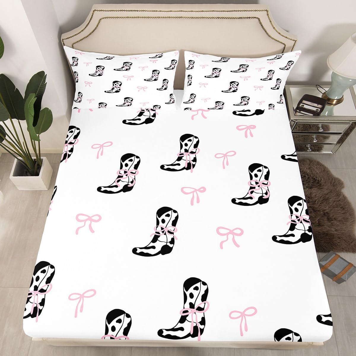Cow Cowboy Shoots Fitted Sheet Queen Size Pink Bow Bedding Set Cowgirl Western Sheet Set,Milk Cow Fur Printed Bed Cover Ultra Soft Breathable Bedding 3 Pcs for Kids Teens Boys