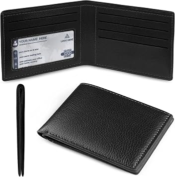 Slim Genuine Leather Wallet for Men Bifold Design with ID Clear Window and 6 Credit Card Slots Minimalist Handmade Card Holder Black