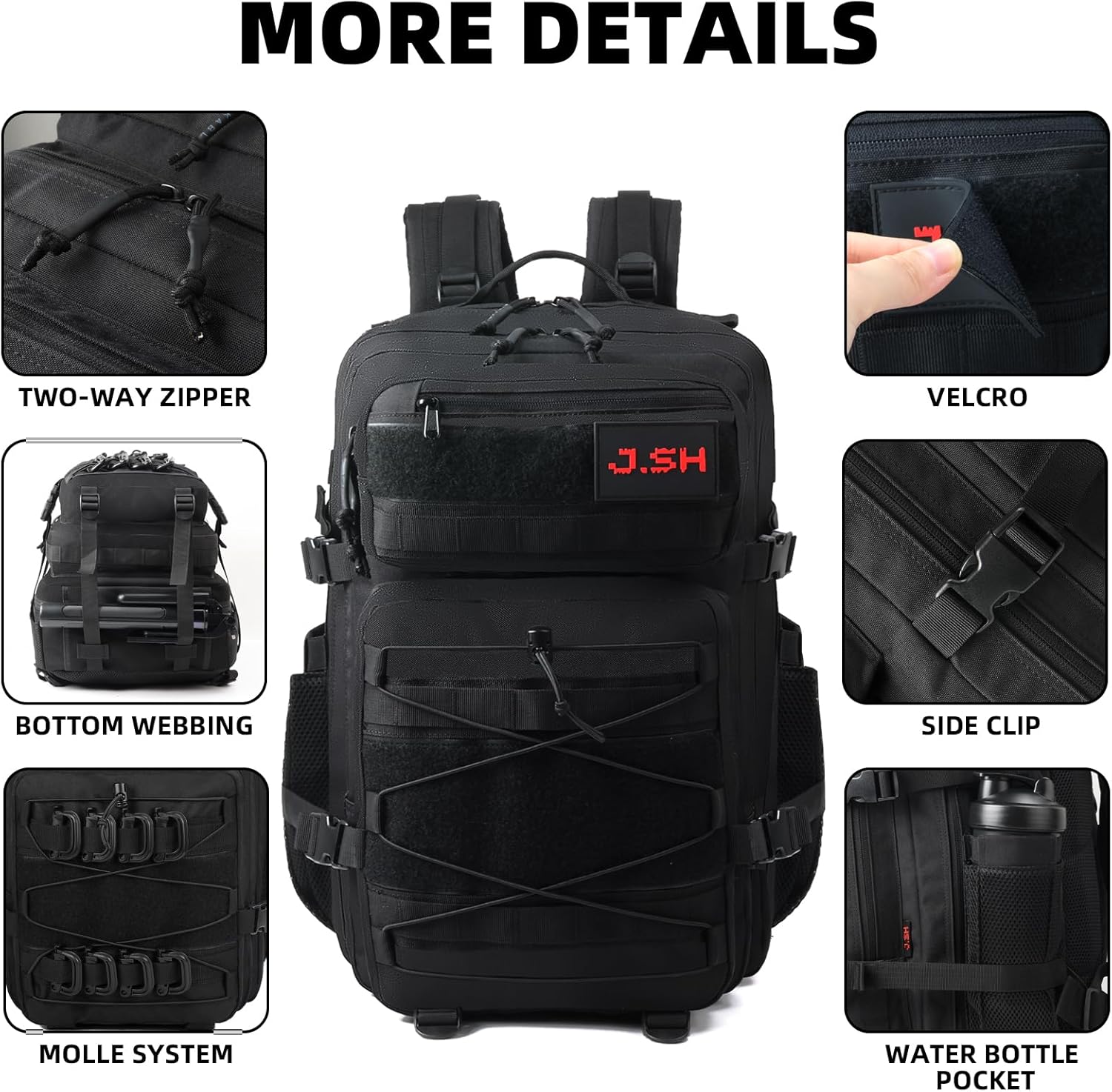J.SH 25L Military Tactical Backpack GYM Backpack Black Assault Bag Small Travel Backpack for Men and Women with Bottle Holder - 25L Black - Image 2