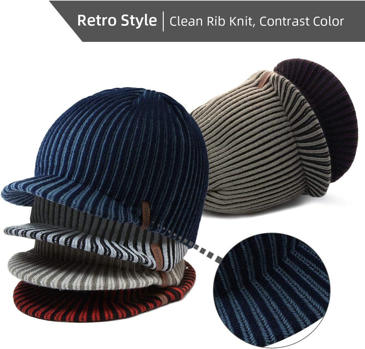 zowya Winter Visor Beanie Hat for Men & Women Brim Knit Skully Hats Billed Skull Cap Thick Vintage Contrast Color,1Hat - Image 3