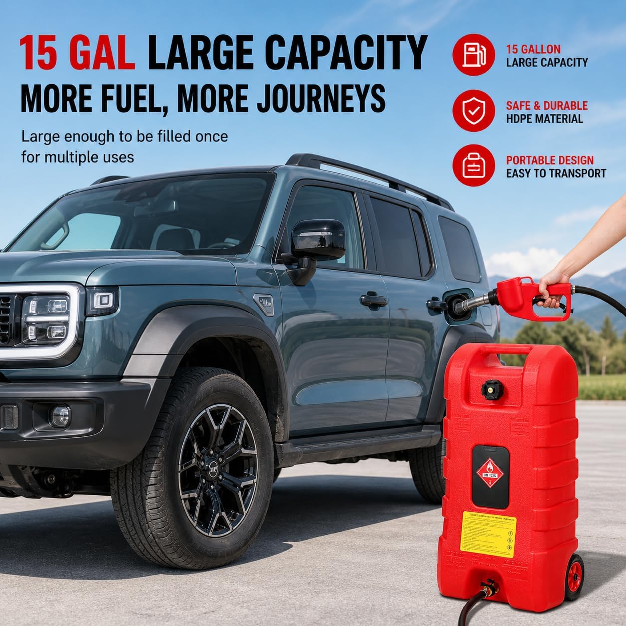 PAMBEE 15 Gallon Portable Fuel Tank with Pump, Gas Caddy with Wheels, Siphon & Gravity Feed Fuel Transfer Tank, 10FT Hose, Leak-Proof Gas Can for Car, Boat, Generator, Diesel & Gasoline
