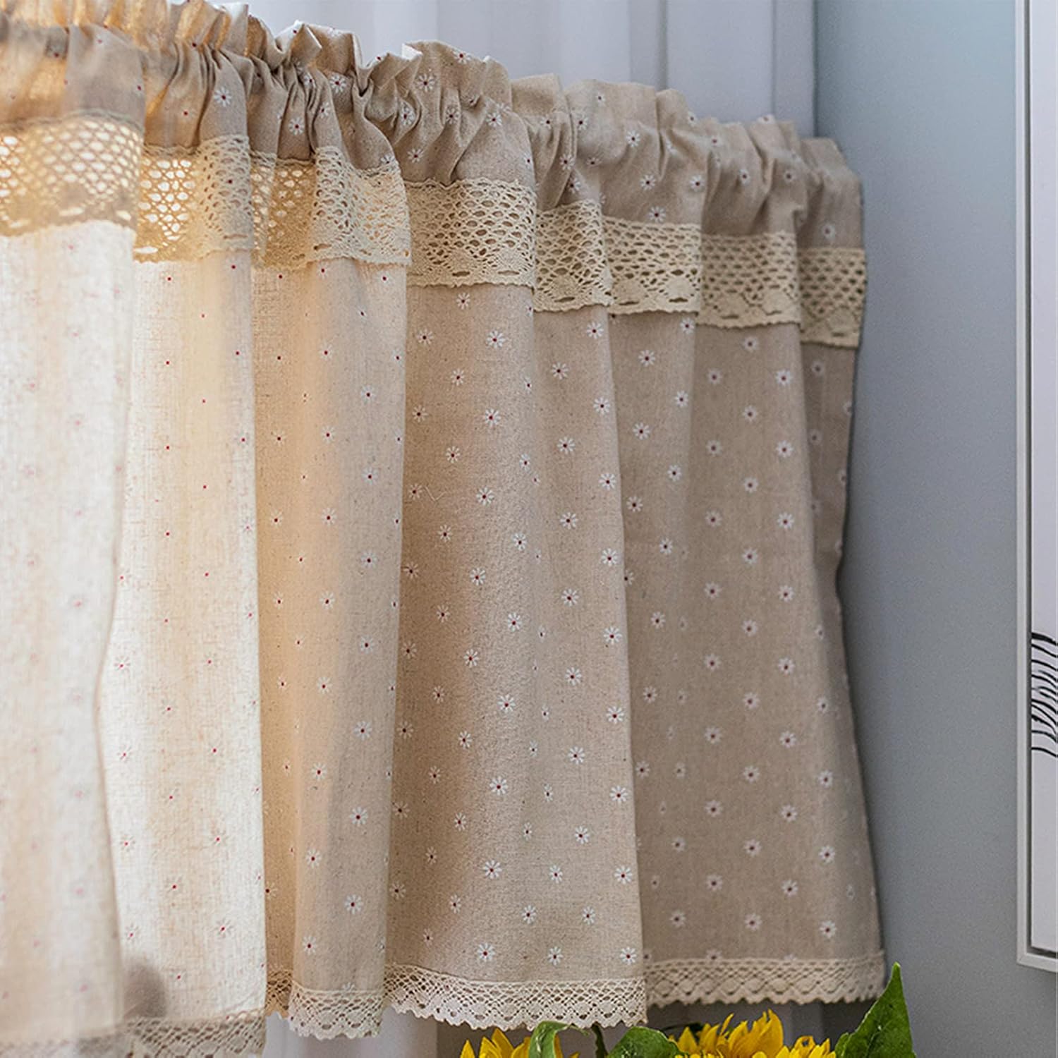 Tier Curtains,Short Cotton Embroidered Curtain Kitchen Curtain with Lace,Country Style Cafe Curtain Valance,Semi-Sheer Bistro Curtains Bedroom Kitchen Balcony Living Room Decor