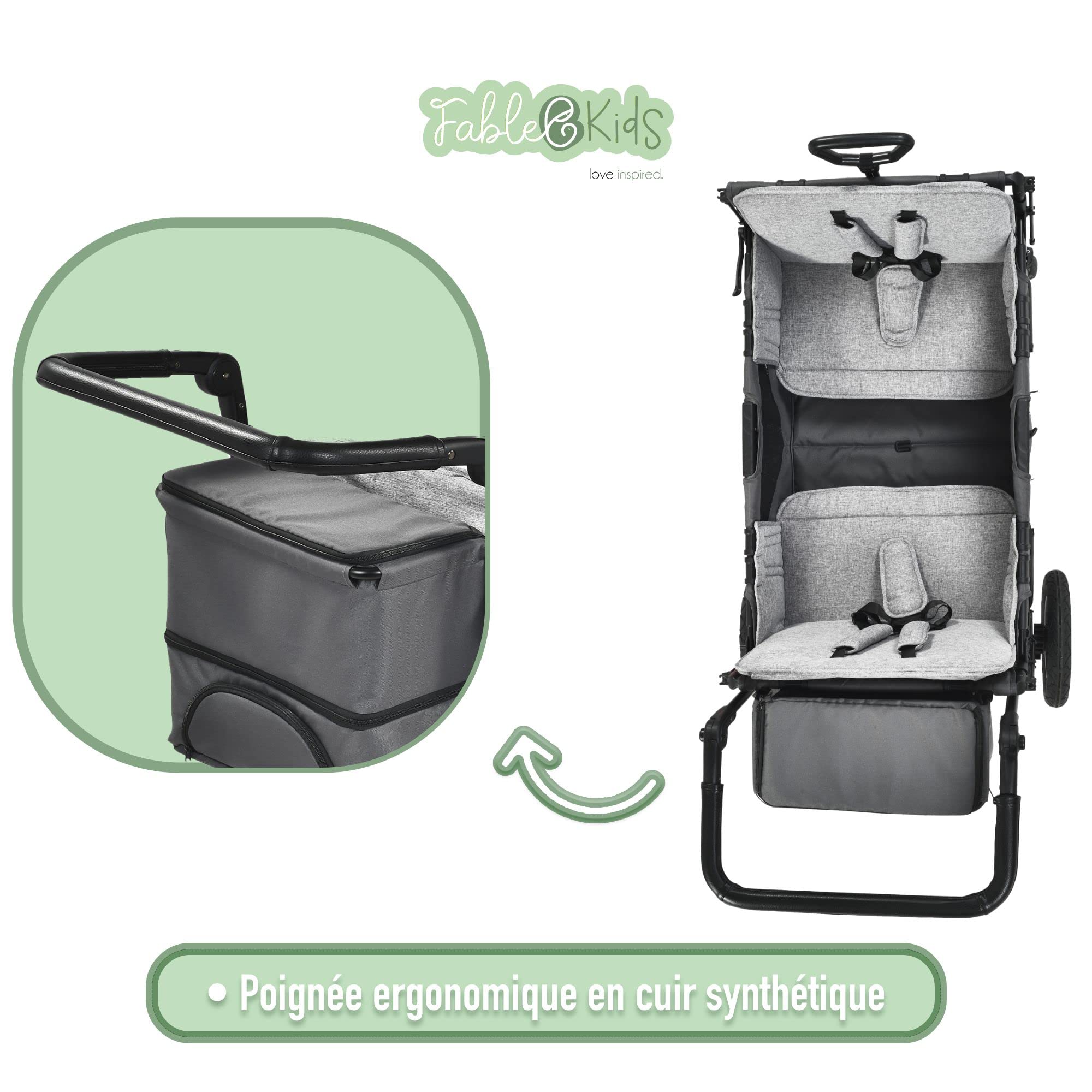AREBOS FableKids Chariot Leo X2Plus avec Toit | de Transport Pliable supporte jusqu'à 20 kg par siège Harnais 5 Points Roues Tout-Terrain 360° Frein à Pied Toile Oxford 600D Gris fossile FA-HE-SW2LUA