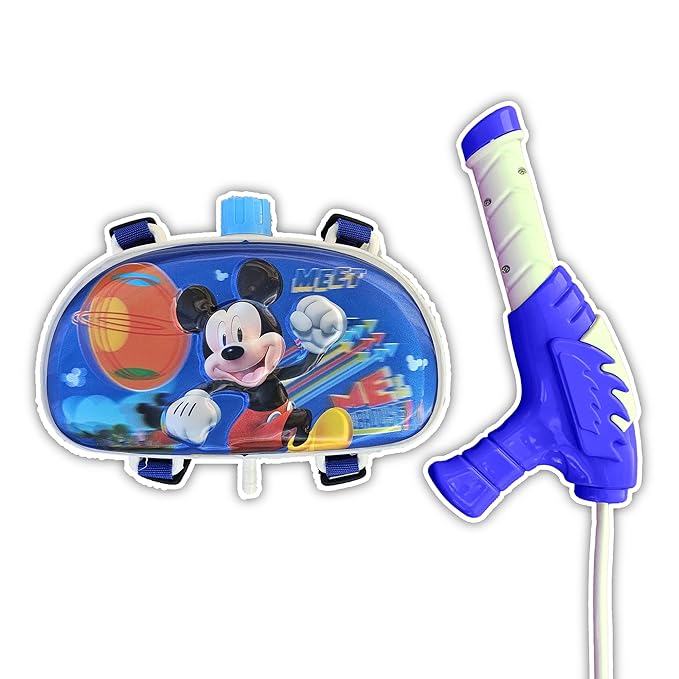 PoPo Toys Holi Pressure Pichkari with Mickey Pencil Box Character Bag Tank- 2 LTR | with Free Balloons & Gulal | Multicolor |