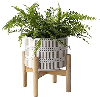 LA JOLIE MUSE Ceramic Plant Pot with Wood Stand - 7.3 Inch Modern Round ...