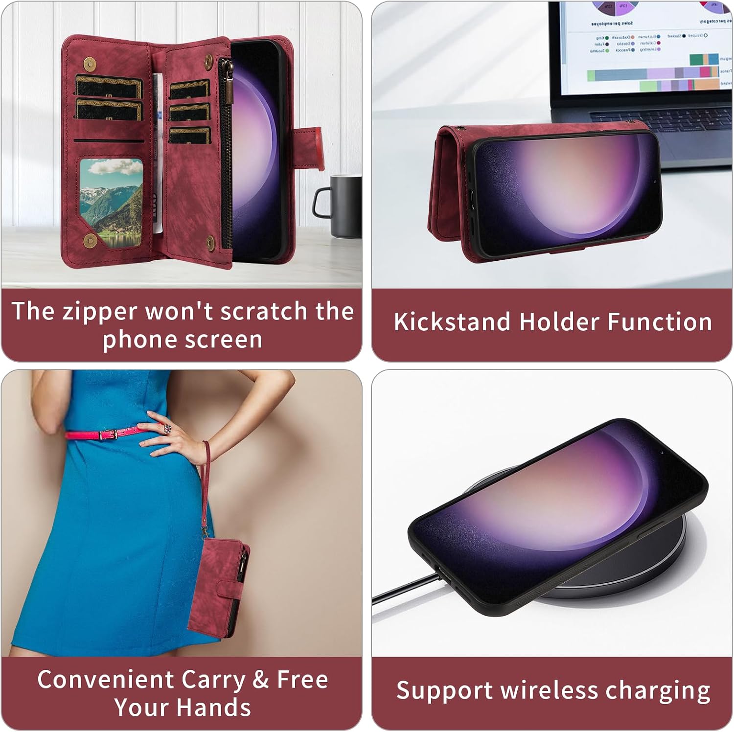 Asuwish Phone Case for Samsung Galaxy S23 5G Zipper Wallet Cell Cover with Tempered Glass Screen Protector Crossbody Strap Flip Credit Card Holder S 23 23S GS23 G5 SM-S911U 6.1 inch Women Girls Red