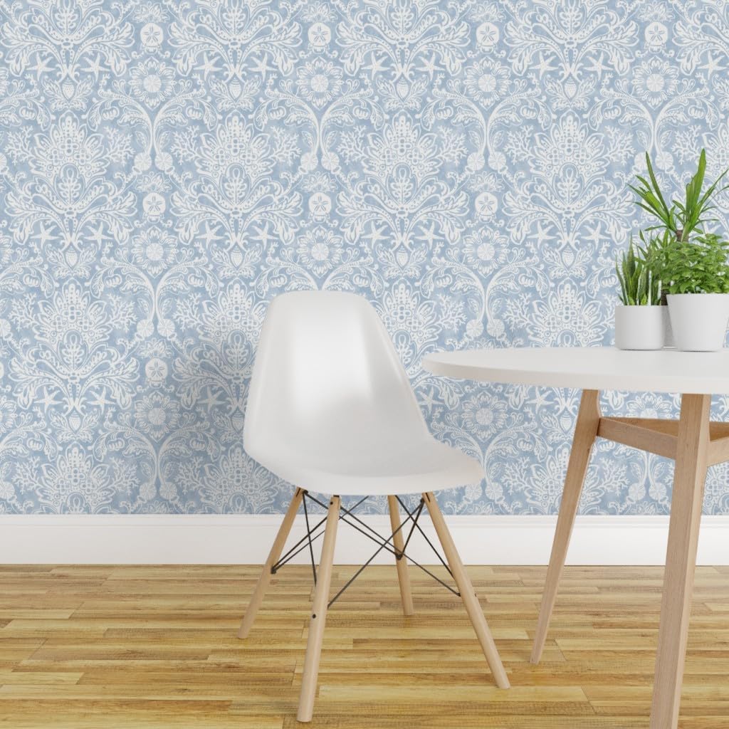 Removable Wallpaper Swatch - Blue Coastal Damask Seashells Beach Ocean Traditional Serene Botanical Custom Pre-Pasted Wallpaper by Spoonflower