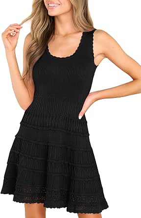 Women's Crochet Knit Mini Dress - Short Sleeve Crewneck A-Line Sundress For Summer & Beach