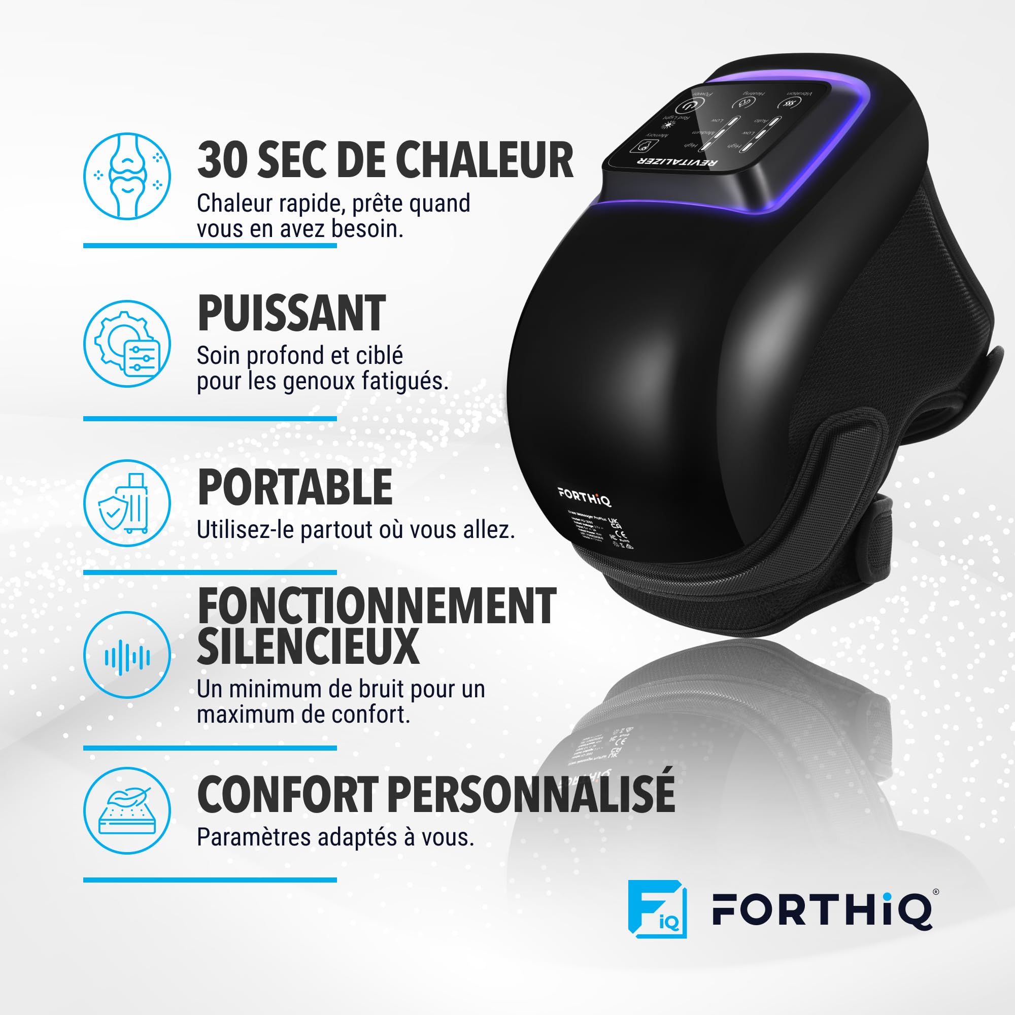 FORTHiQ Pro+ Massage Genoux avec Chaleur et Lumière Rouge, 6-en-1: Chaleur, Lumière Rouge à Double Longueur d'Onde et Vibration – Sans Fil, Portable, Rechargeable, Fonction Mémoire, Bandes Ajustables