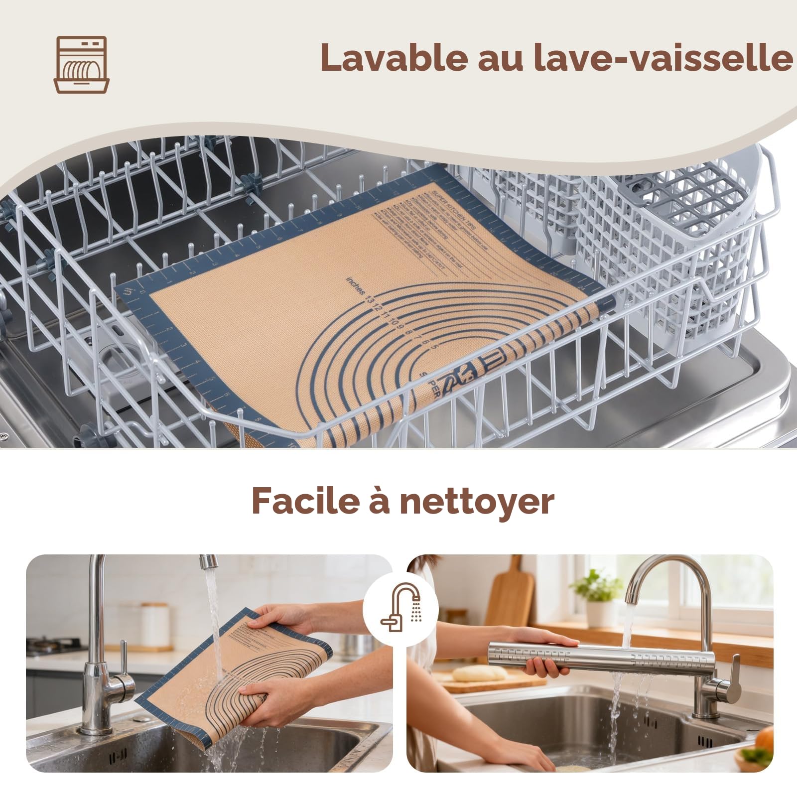SUPER KITCHEN Rouleau à Pâtisserie Ajustable en Acier Inoxydable Avec 5 Anneaux Réglables, Tapis de Cuisson Tapis à Pâtisserie en Silicone Antidérapant 50x40 cm, Pour Pâtisserie, Pizza (Gris)