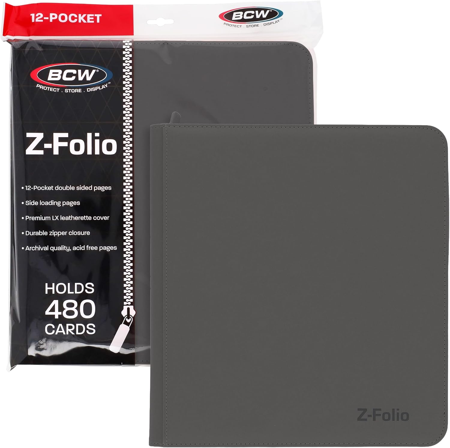 BCW Z-Folio LX Zipper Portfolio - Premium Gray Leatherette 12-Pocket Playset Album - Secure Zipper - 480 Card Capacity - Card Collector's Dream - Card Organizer - Trading Card Storage