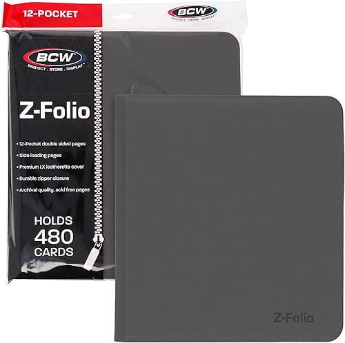 BCW Z-Folio LX - Cartera con cremallera - Álbum de 12 bolsillos de cuero sintético gris premium - Cremallera segura - Capacidad de 480 tarjetas -
