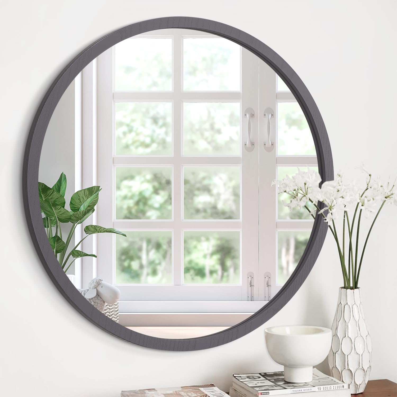 JJUUYOU Circle Wall Mirror 40CM Round Vintage Mirror with Wood Frame for Bathroom Living Room Bedroom Dormitory Washroom Decor,Gray