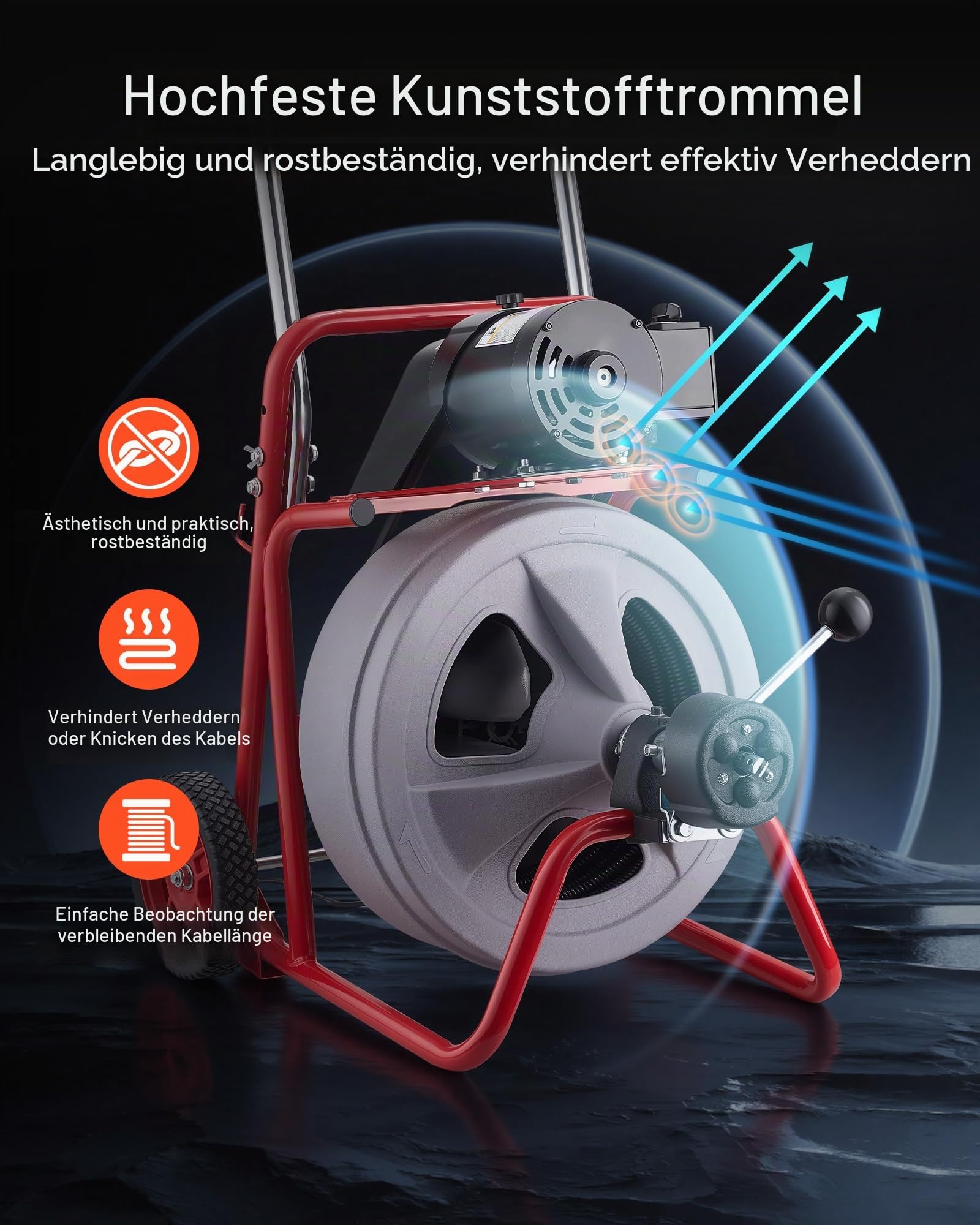 VEVOR Rohrreinigungsmaschine 30 m x 13 mm, Rohrreinigungsgerät mit Automatischem Vorschub, 8 Schneidwerkzeugen & Pneumatischem Fußschalter, Rohrreiniger für Rohrdurchmesser von 50 bis 150 mm