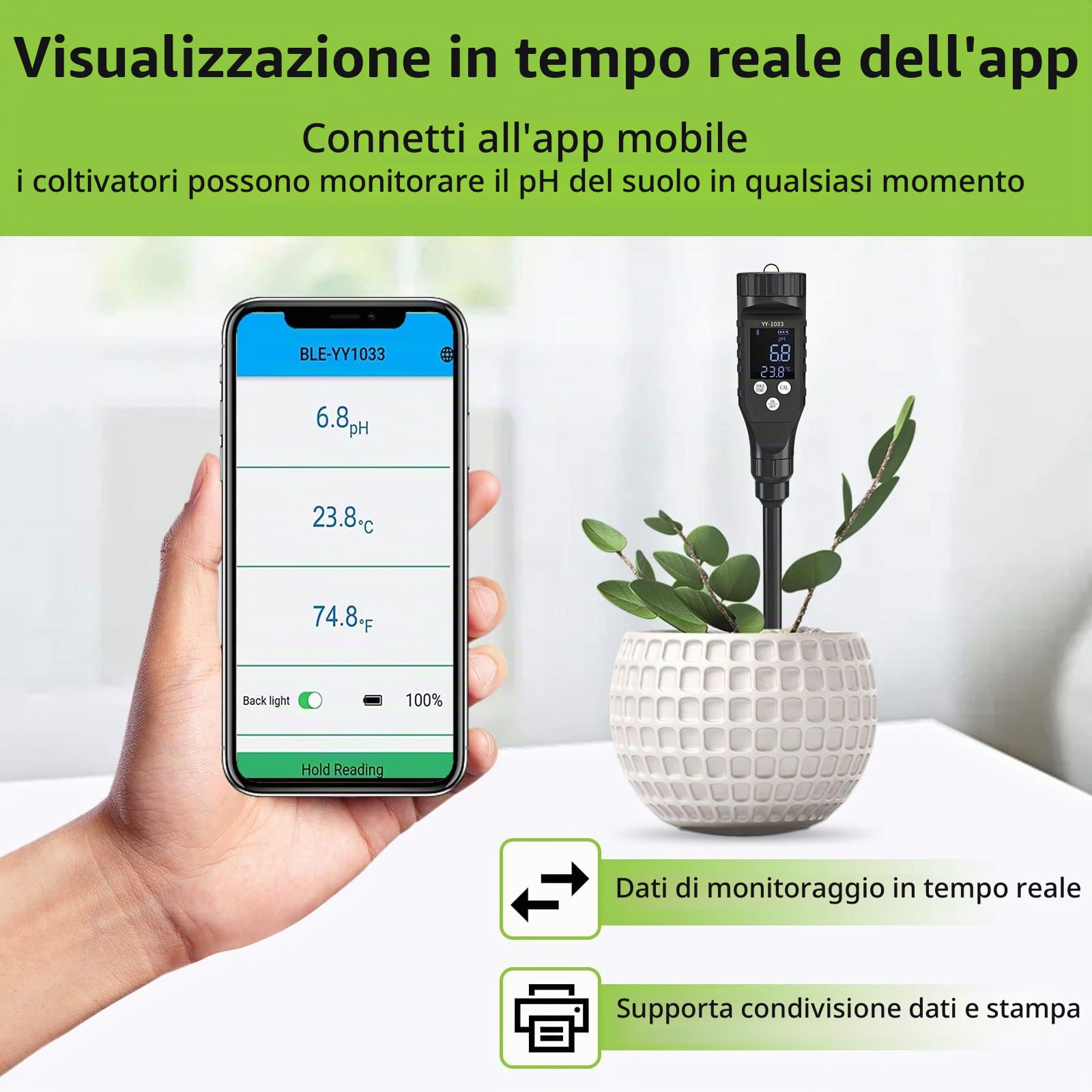 Misuratore PH Terreno, pHmetro del Suolo Digitale con Elettrodo di PH in Acciaio Inox, Bluetooth PH Tester del Suolo per la Cura delle Piante, Ottimo per Giardino, Prato, Fattoria