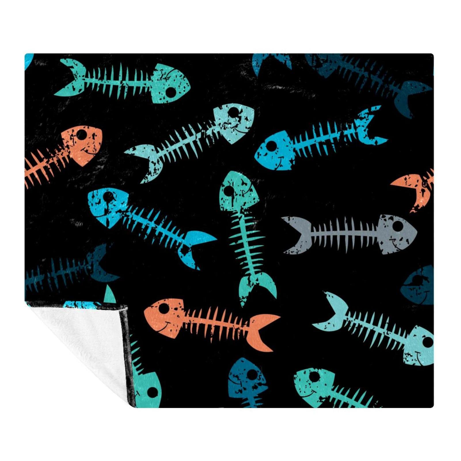 Couverture polaire squelettes de poissons 150x130cm en microfibre pour lit et canapé