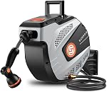 SUNPOW Retractable Garden Hose Reel - 1/2 inch x 50ft Wall Mounted Hose Reel with 3/4 inch Brass Fitting & 10 Function Sprayer Nozzle - Any Length Lock, Auto Rewind System, 180°Swivel Bracket - Grey