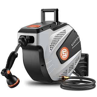 SUNPOW Retractable Garden Hose Reel - 1/2 inch x 115ft Heavy Duty Wall Mounted Hose Reel with 3/4 inch Brass Fitting & 10 Sprayer Nozzle - Any Length Lock, Auto Rewind System, 180°Swivel Bracket- Grey - Amazon product rated Grade A