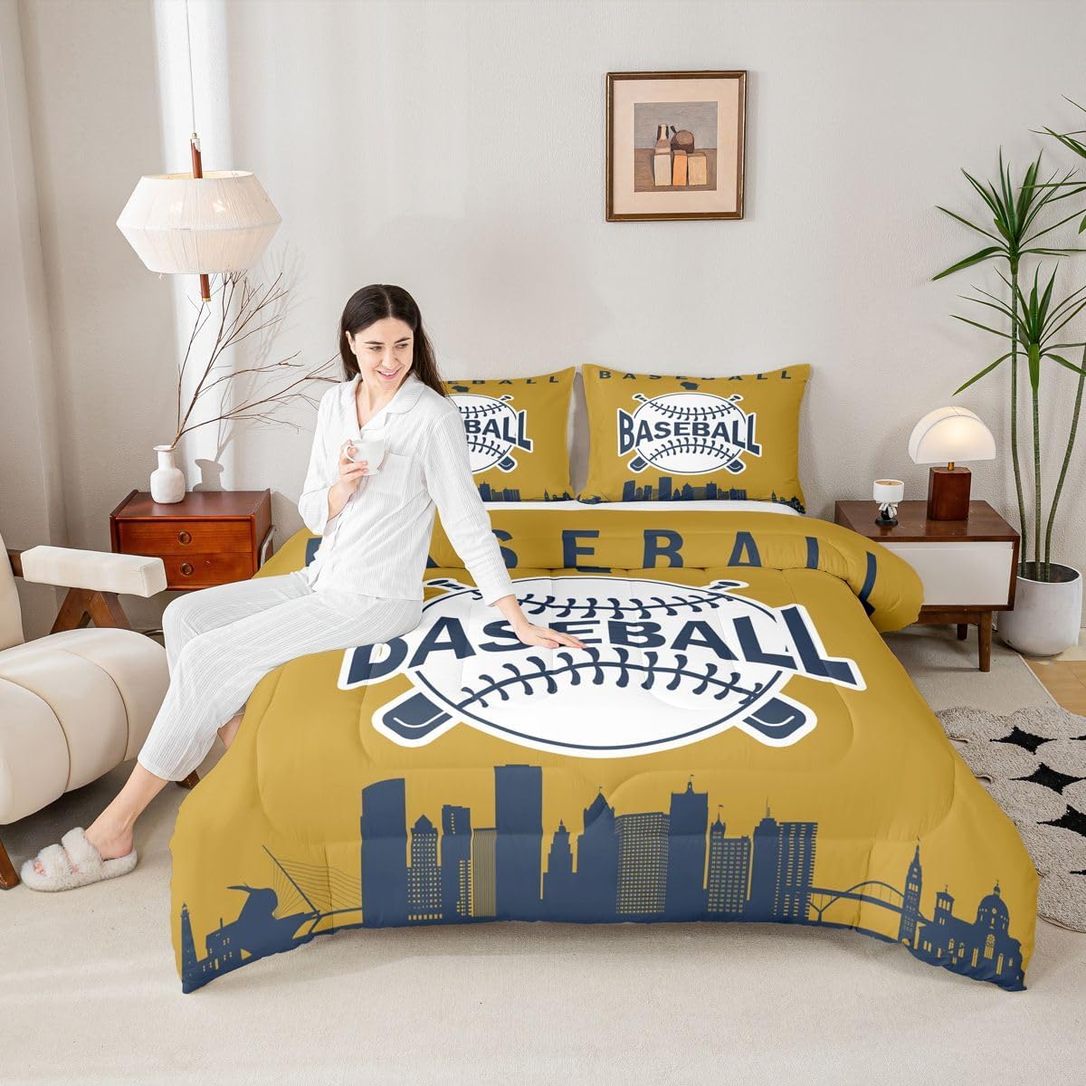 Erosebridal Baseball City Bedding Set for Boys, Baseball Comforter Set Full Size City Building Silhouette Duvet Insert for Kids Teens Adult Room, Sports Games Quilt, Yellow Navy Blue