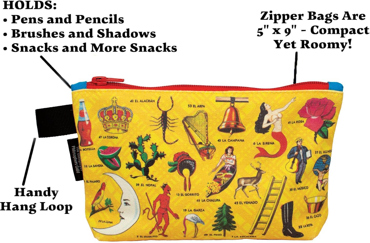 The Unemployed Philosophers Guild Lotería Bag - With Iconic Illustrations, 9" Canvas Zipper Pouch for Pencils, Tools, Cosmetics, Toiletries and More - Image 4