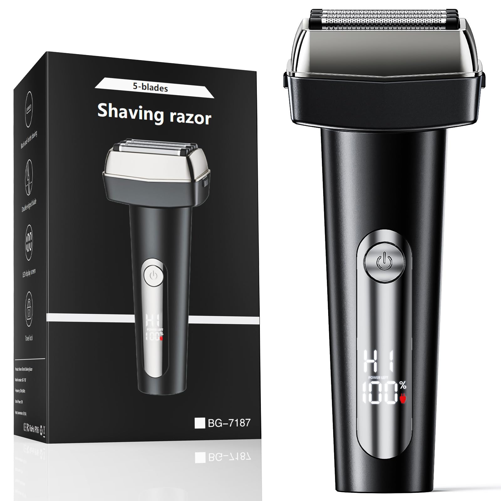 Electric Foil Shaver for Men - 5 Floating Blades Rechargeable Beard Razor with LED Display, Waterproof Electric Beard Trimmer for Wet & Dry Use