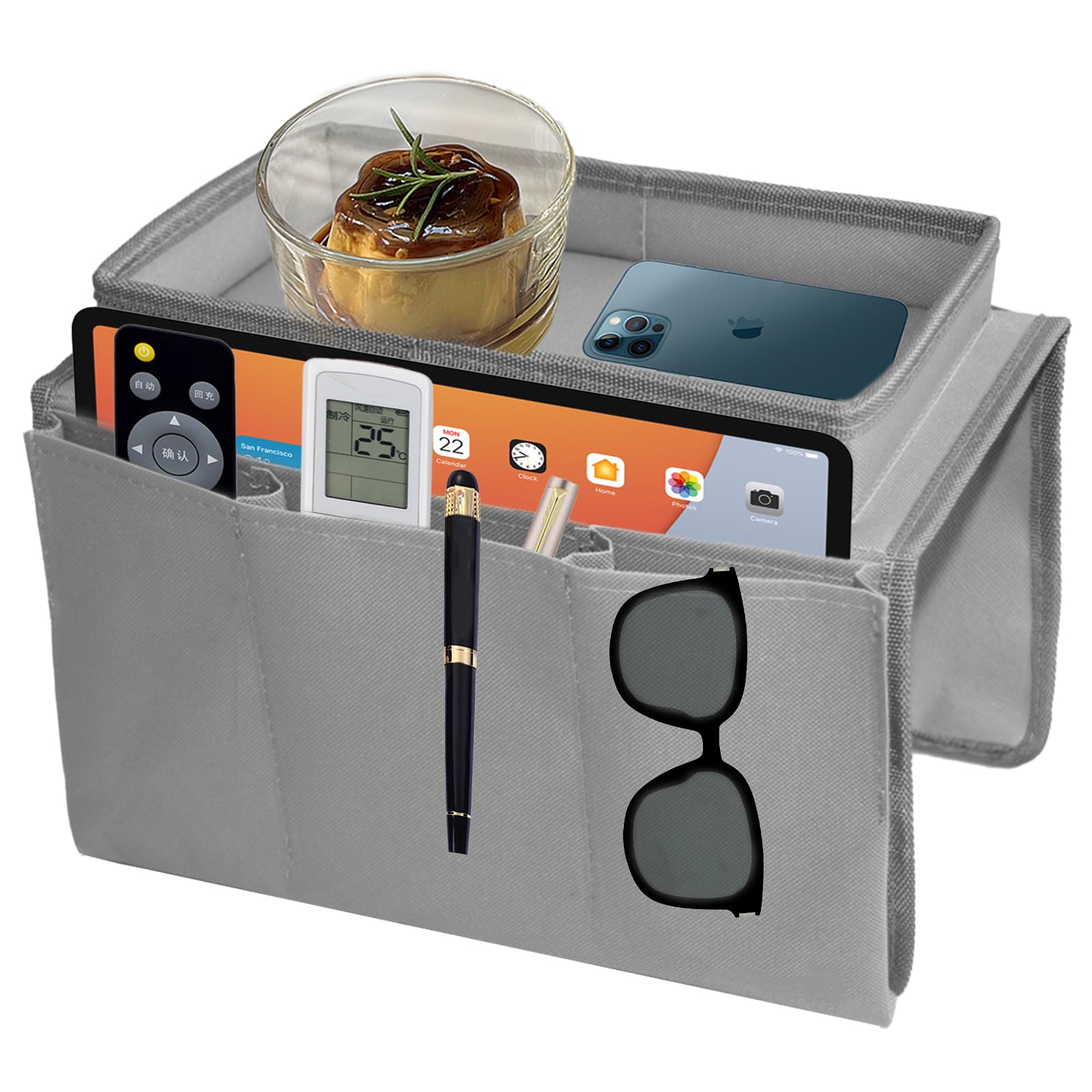 Sofa Armrest Organizer, Sofa Candy Organizer With Tray Sofa Armrest Hanging Storage Bag With Remote Control Holder For Phone Book Magazines Tv Remote Control Eyeglasses Cup Snacks Pocket (Gray)