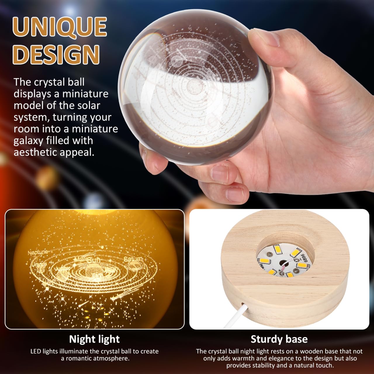 Hemobllo Solar System 3D Carved Crystal Ball Lamp with Wooden Base - Image 4