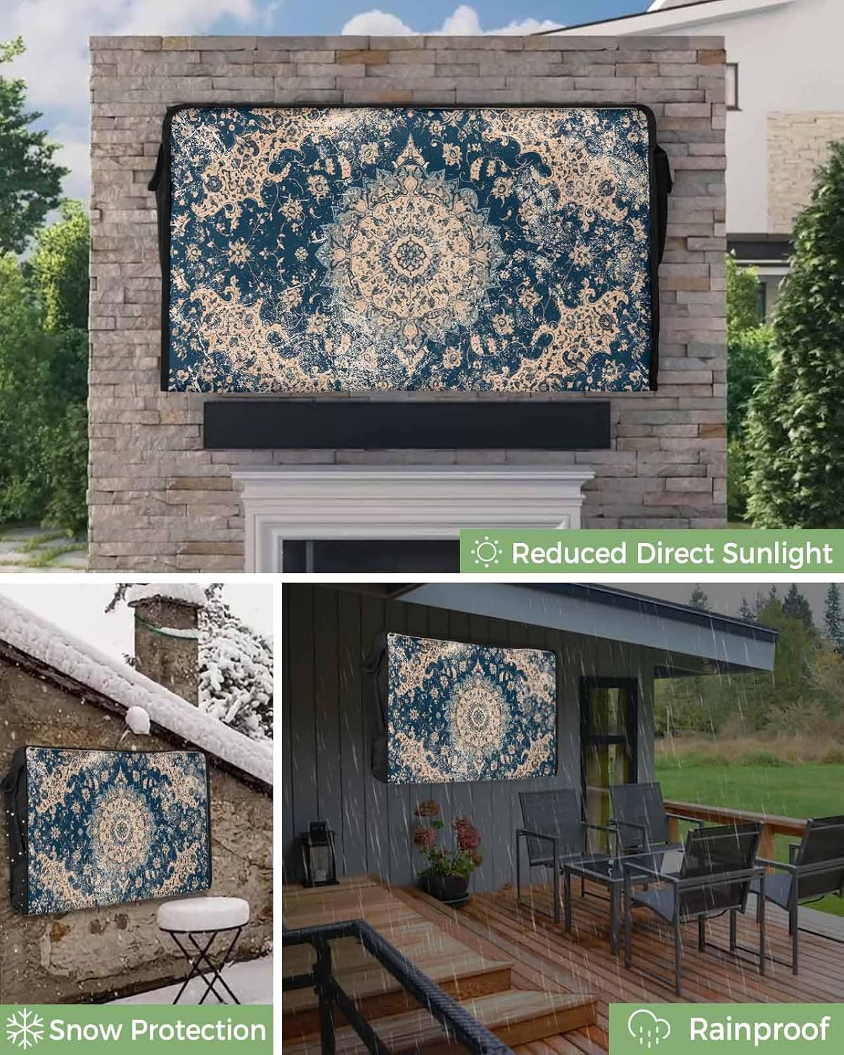 Outdoor TV Cover Blue Classic Medieval Retro African Pattern Waterproof and Weatherproof 60"-65" LCD Movable Shield TV Display Screen Protector Outside Television Covers