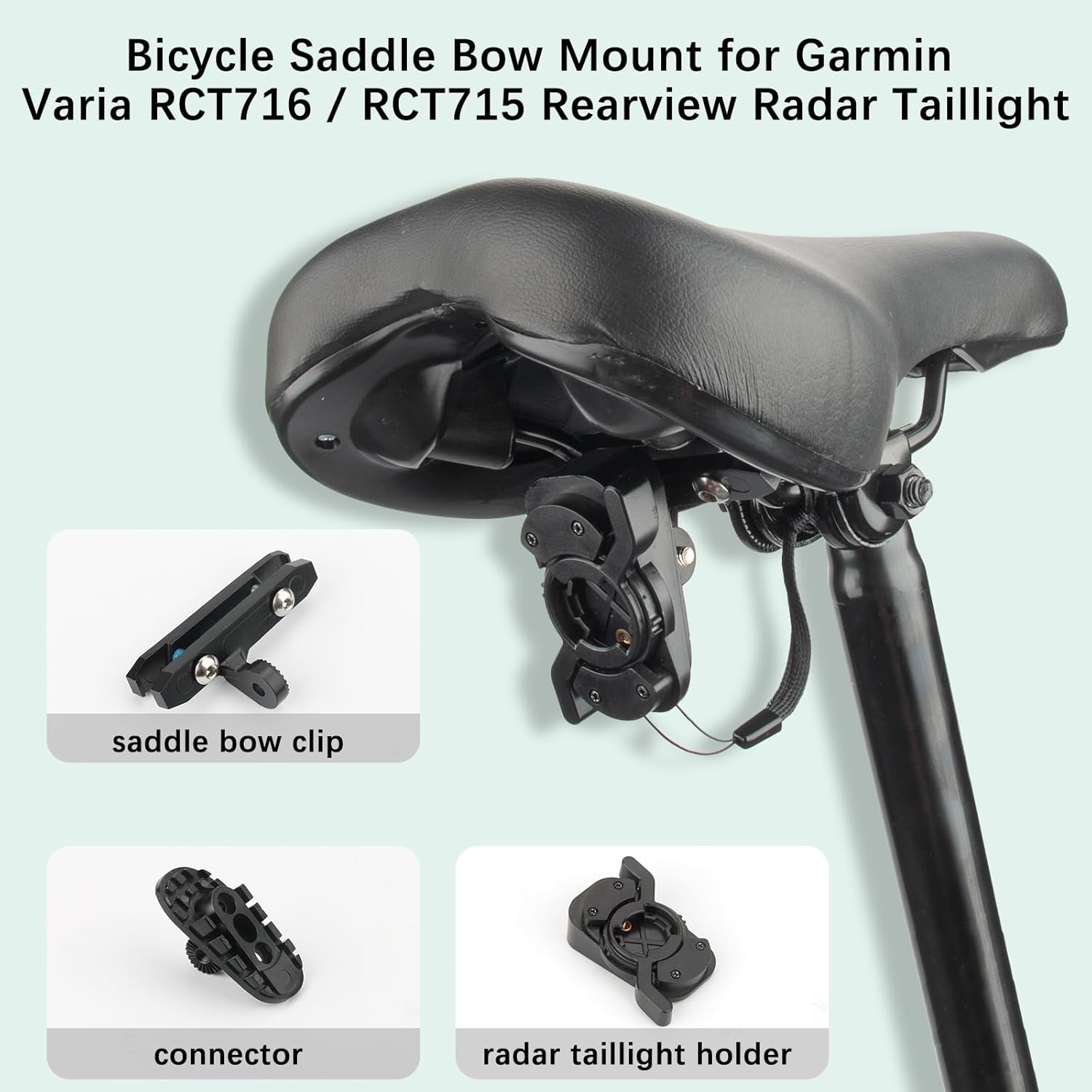 Diagram showing the saddle bow clip, connector, and radar taillight holder components of the mount.
