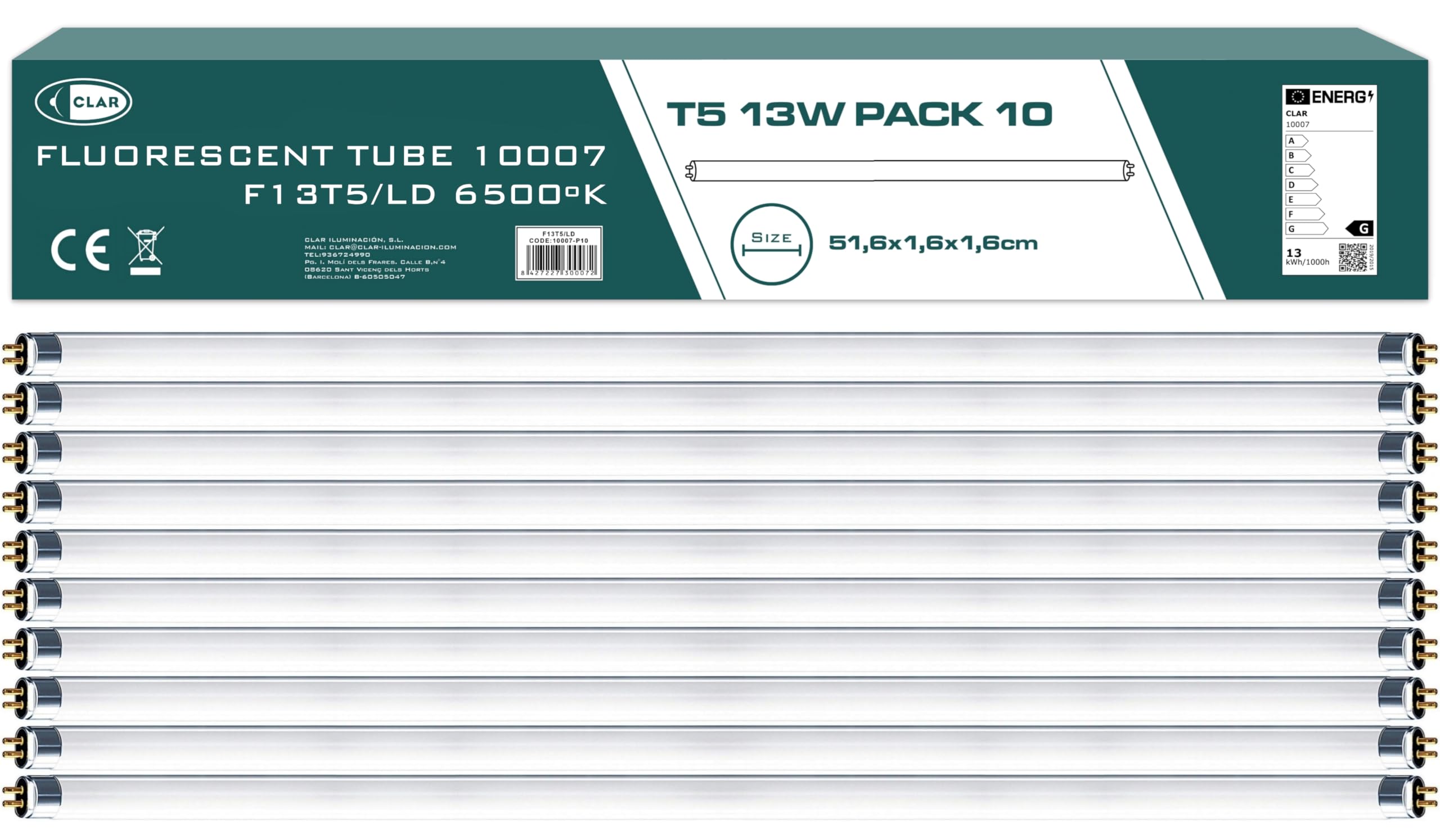CLAR - Fluorescent Tube Light, T5 Fluorescent Tube, T5 Bulb, Fluorescent Light Tube, Cold White 51.6 x 1.6cm (13W Pack 10)