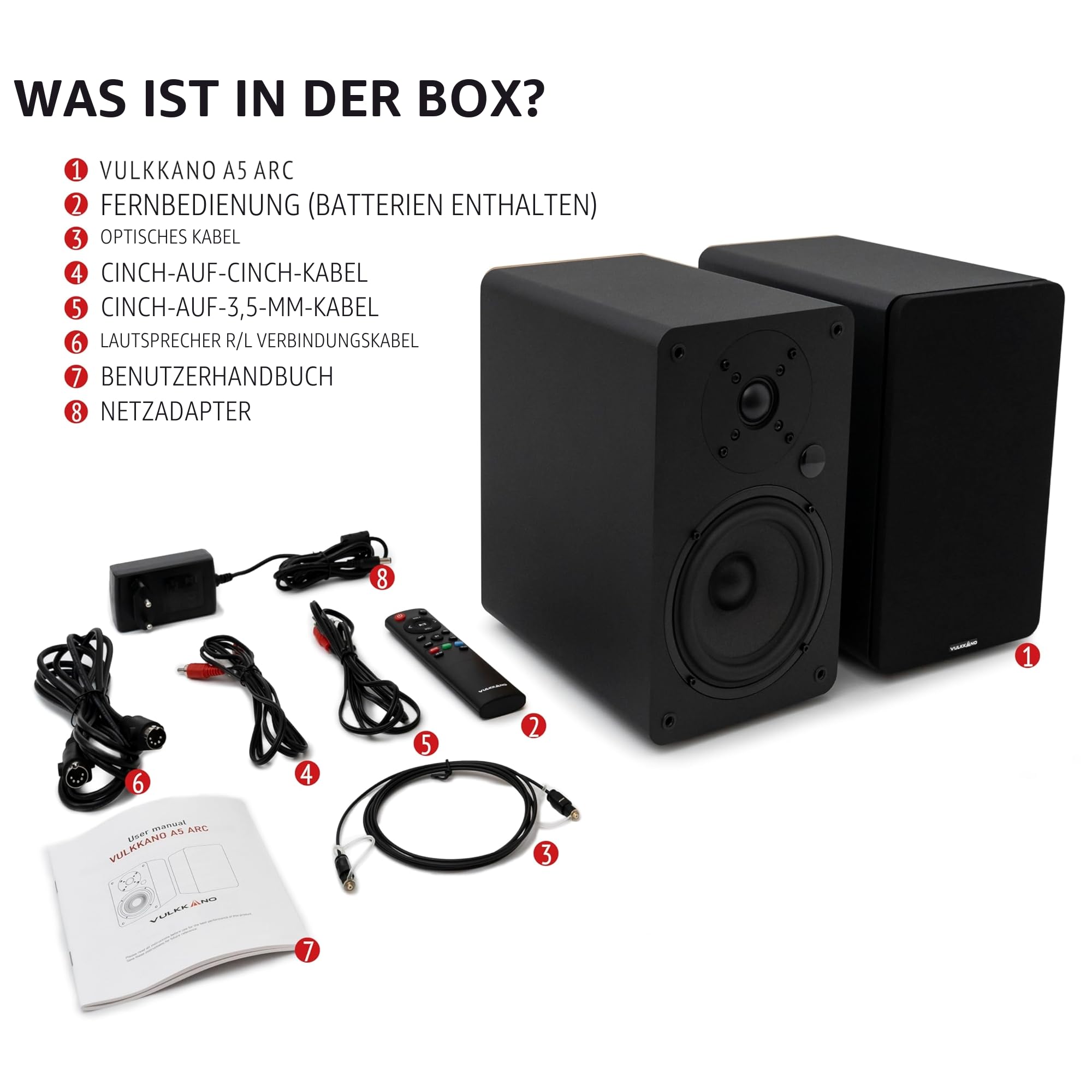 VULKKANO A5 ARC Aktivlautsprecher mit 5.25" Woofer, Bluetooth 5.0, HDMI ARC, Optische, RCA, USB, mit Subwoofer-Ausgang, HiFi Regallautsprecher mit elegantem Design