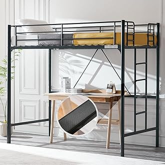 VINGLI 71 Inches Tall Loft Bed Twin Size with Flat Ladder Rung for Kids Teens Adults Heavy Duty Metal Single Bunk Bed Loft with Safety Guard Rails for Small Space, Black
